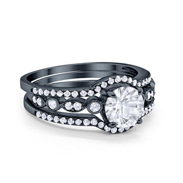 Trio Set Three Piece Wedding Ring Round Black Tone, Simulated Cubic Zirconia 925 Sterling Silver